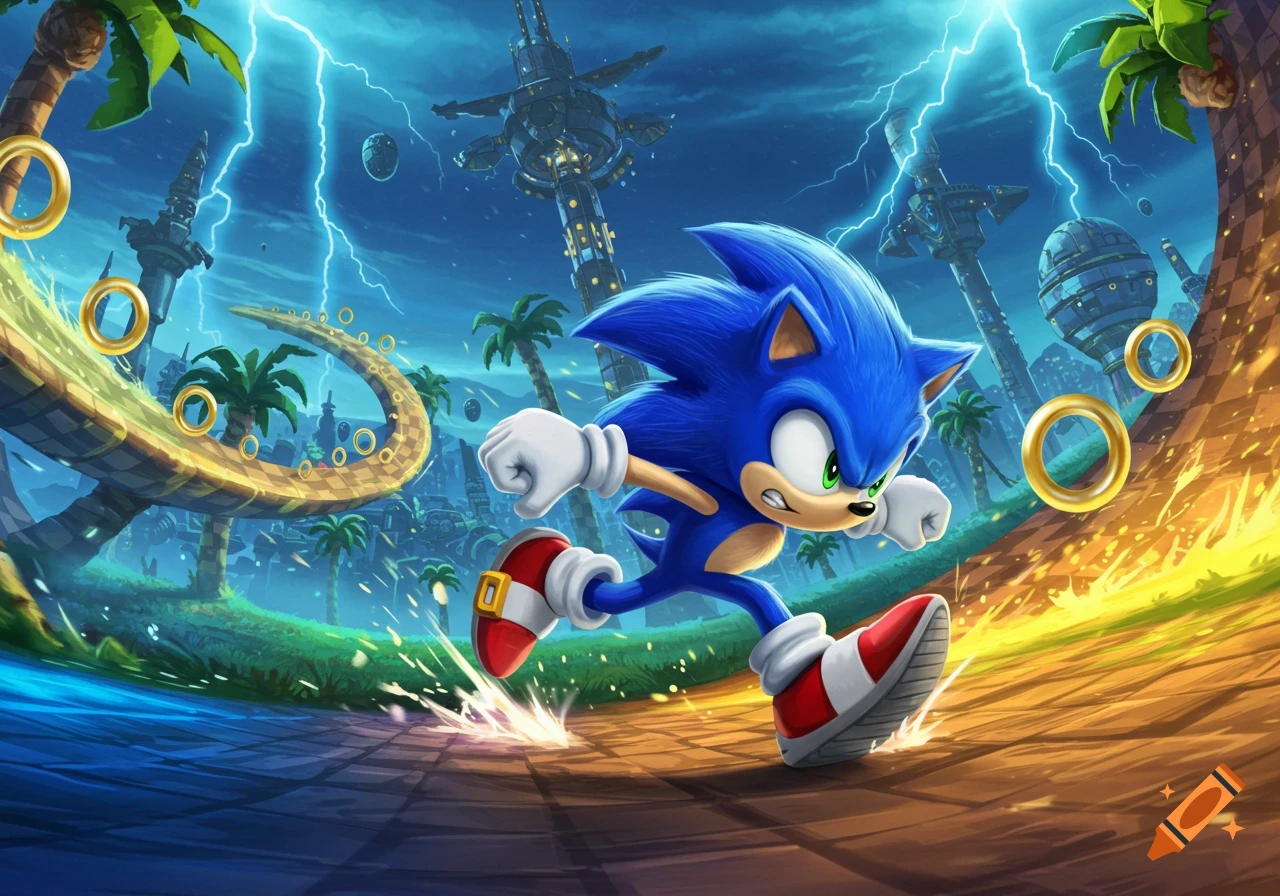 Sonic the Hedgehog runs on a dirt path with gold rings, palm trees, and futuristic structures under a stormy blue sky.