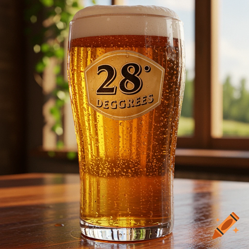 Photorealistic close-up of a condensation-covered beer glass with a '28 DEGGREES' label, sitting on a wooden table by a sunlit window.