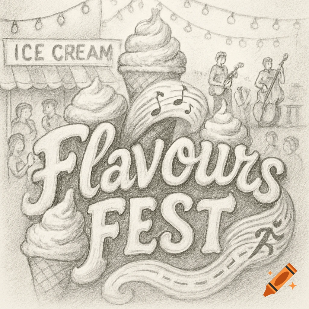 Pencil drawing of 'Flavours Fest' text with ice cream cones, an ice cream shop, musicians, and a crowd.