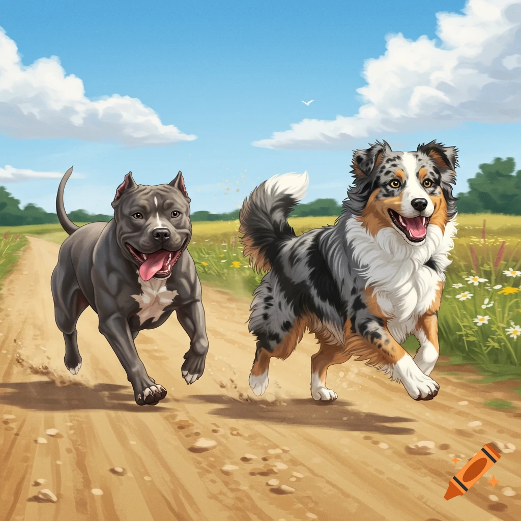 A gray pit bull and a merle Australian Shepherd run on a dirt path in a sunny field, illustration.