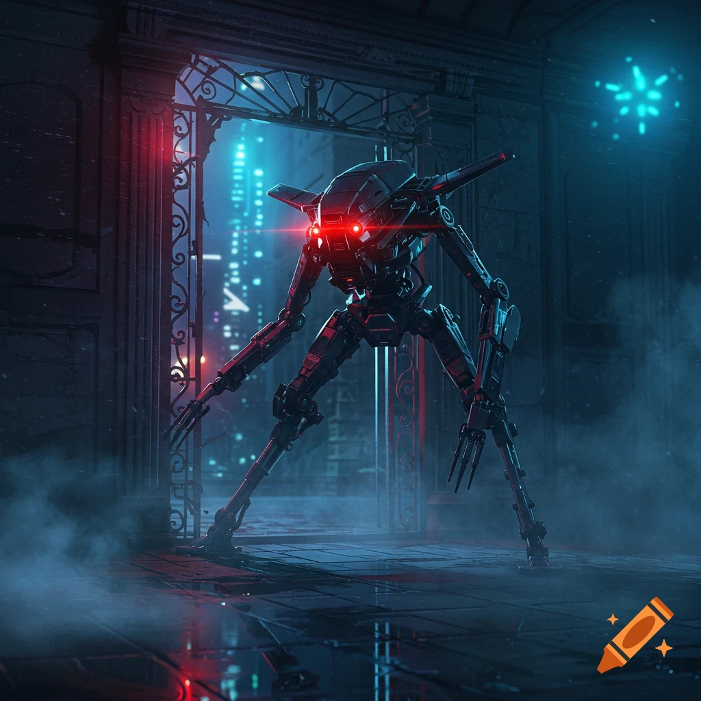 A dark, metallic robot with multiple limbs and glowing red eyes stands in a misty, gothic doorway looking into a neon-lit futuristic city.