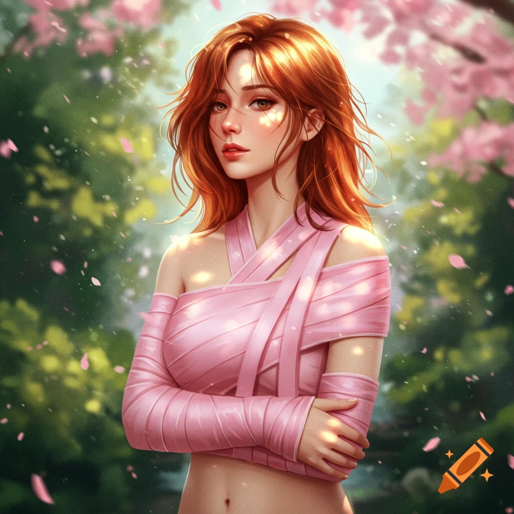 A red-haired anime woman in a pink wrapped garment poses outdoors among falling cherry blossoms.