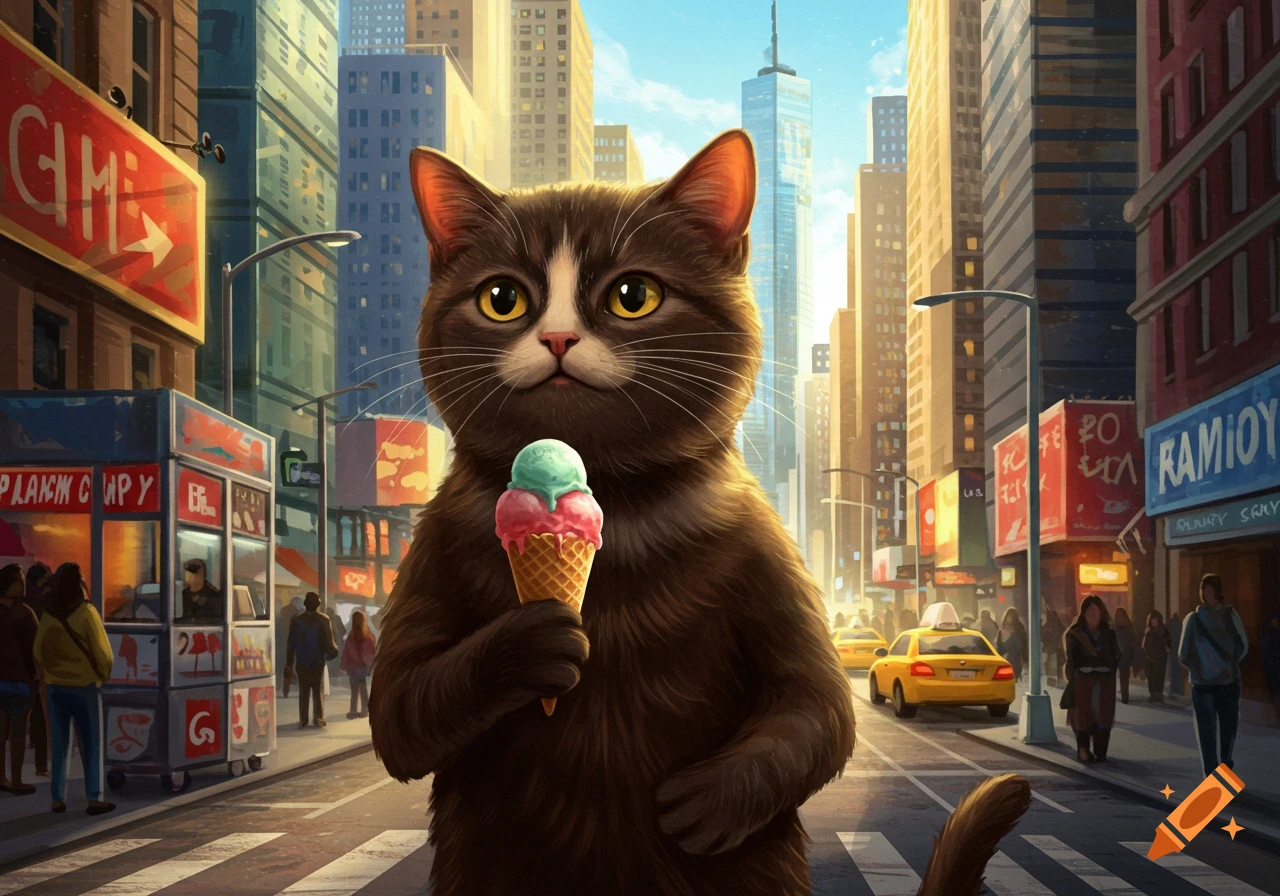 A large dark brown tuxedo cat stands upright in a busy New York City street, holding a melting pink and green ice cream cone. Tall buildings and yellow taxis fill the background.