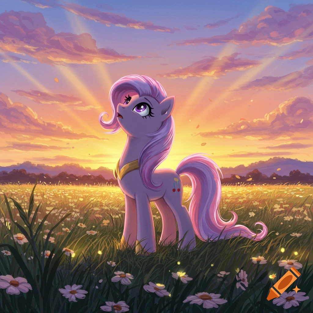 A purple cartoon pony with a pink mane and tail stands in a field of daisies, looking up at a vibrant sunset sky.