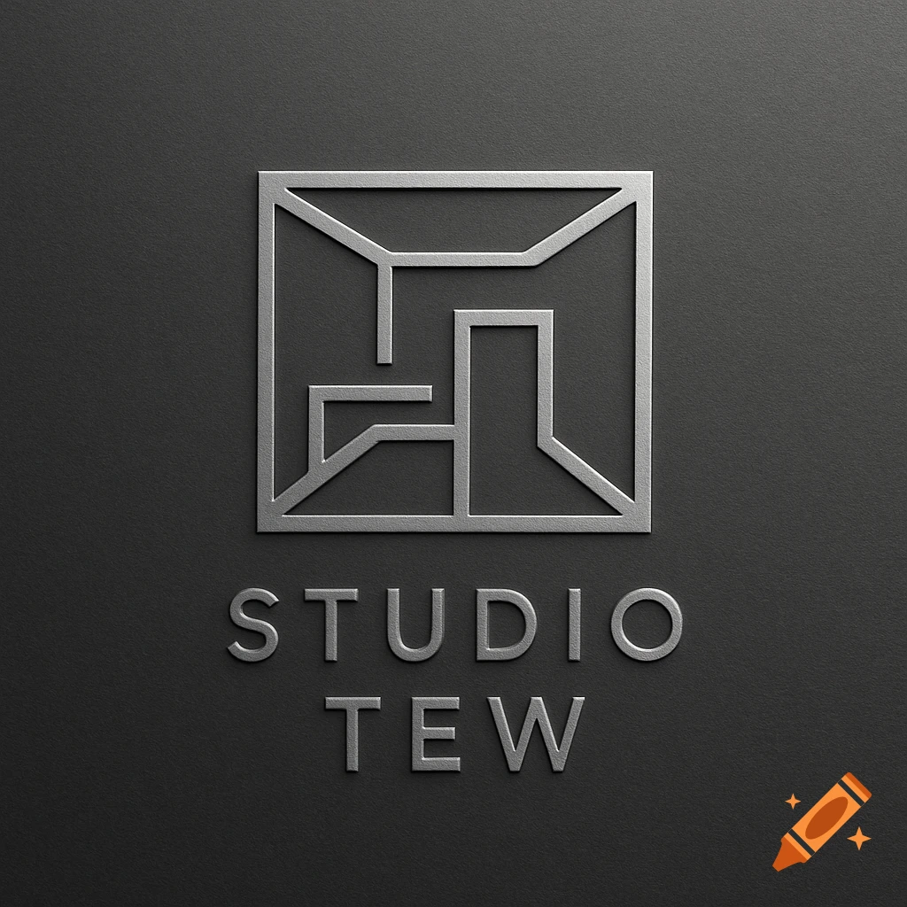 Silver embossed geometric logo for STUDIO TEW on a dark textured background.