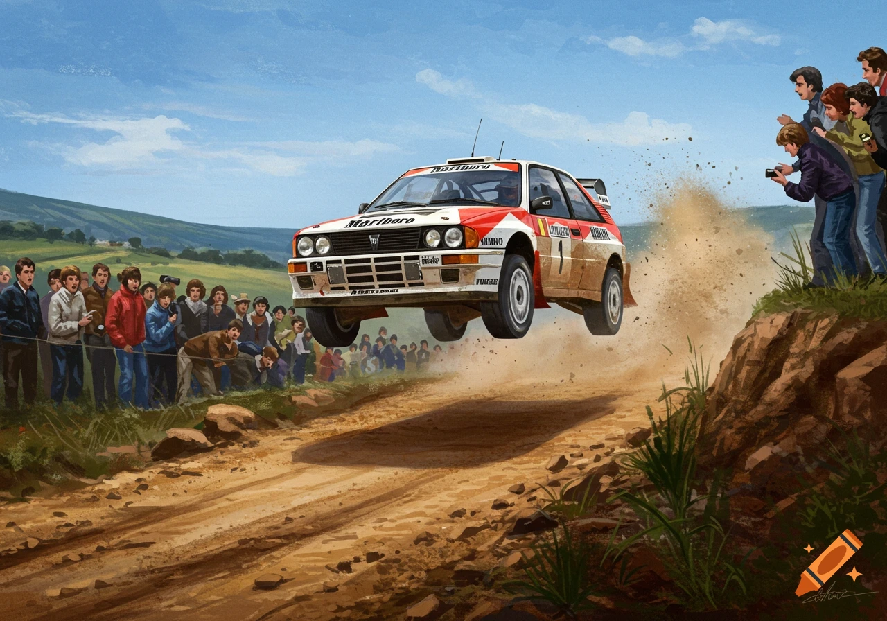 An illustrated rally car with Marlboro livery jumps over a dirt hill as spectators watch from the roadside.