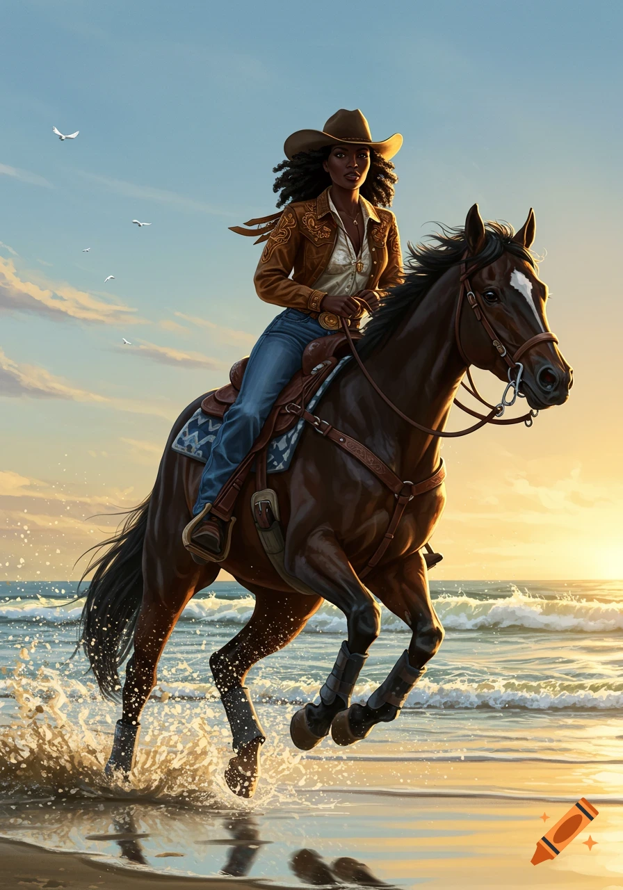 A Black cowgirl rides a brown horse through shallow ocean water on a beach at sunset.