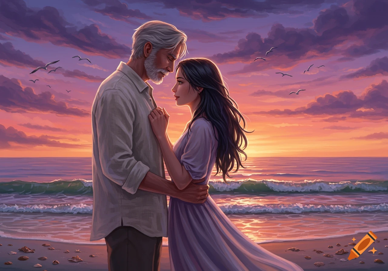 Digital painting of a man and woman embracing on a beach at sunset.