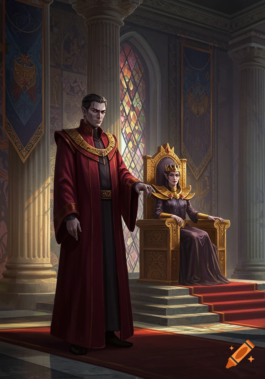 A man in red robes stands beside a queen on a golden throne in a grand fantasy hall with stained glass.