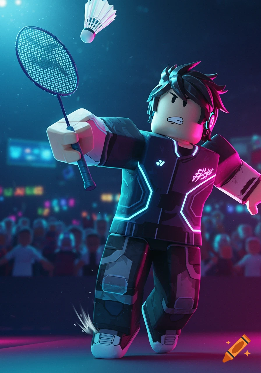 An anime-style Roblox character in a dark arena plays badminton, preparing to hit a shuttlecock.
