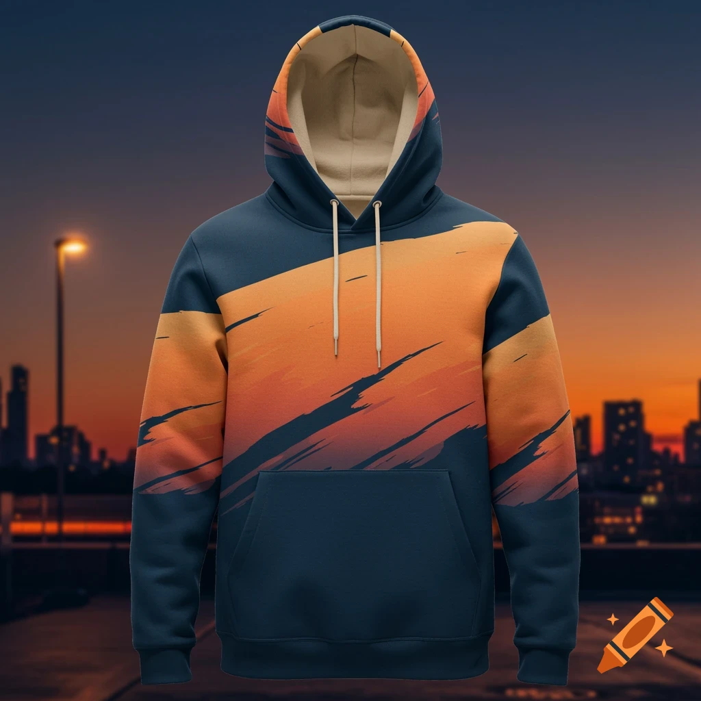 A dark blue and orange hoodie with a brushstroke design against a blurred city skyline at dusk.