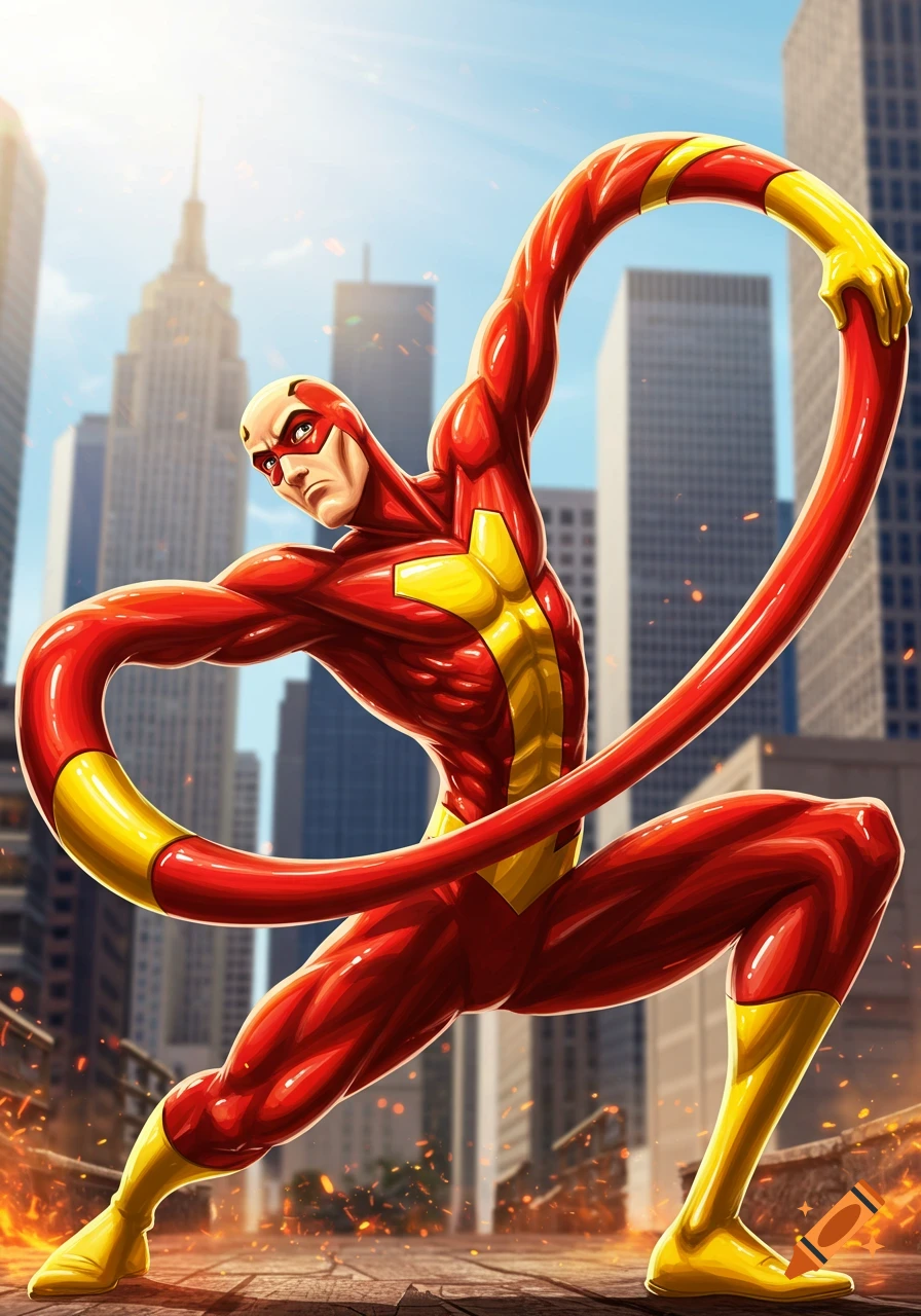A bald superhero in a red and yellow suit with elongated, flexible limbs poses in a city setting, comic book style.