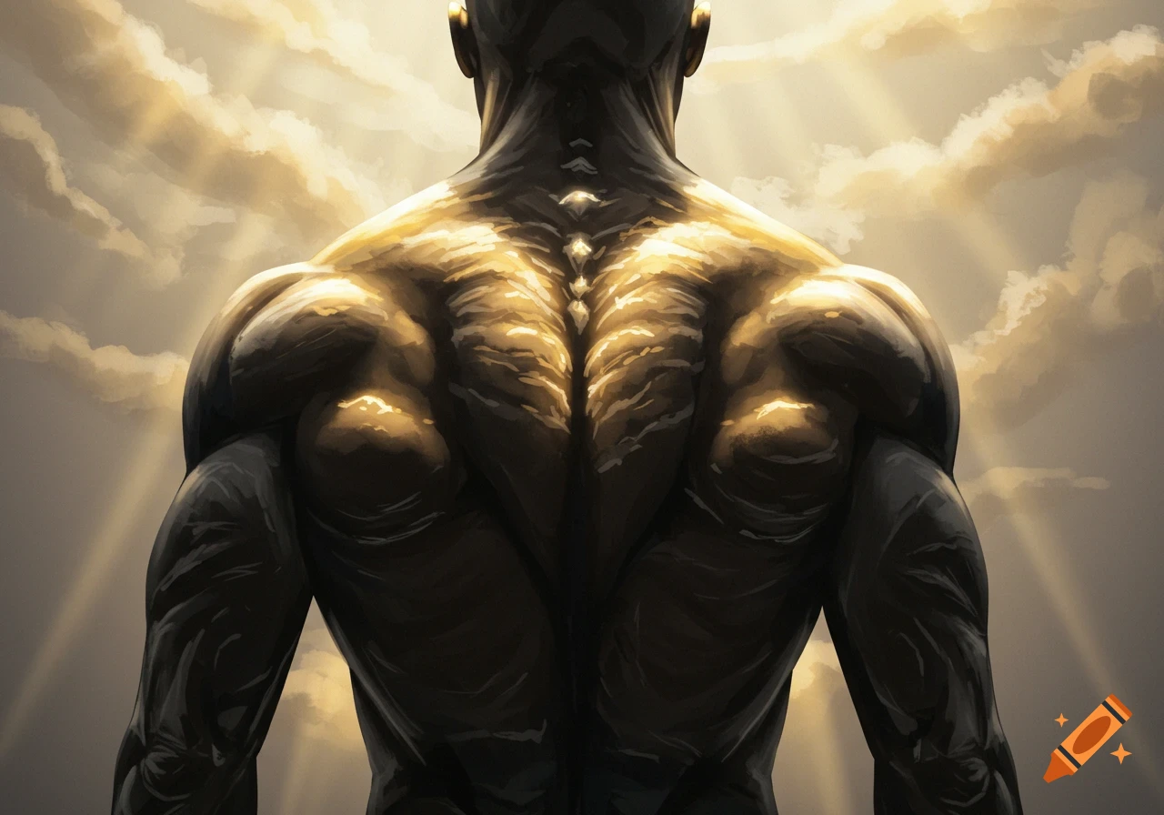 A close-up, stylized digital painting of a muscular human back, illuminated by golden light from behind against a cloudy sky.