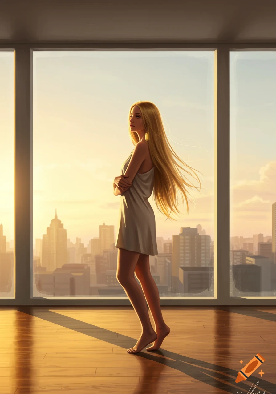 A woman with long blonde hair in a white slip stands in a sunlit room, looking out at a cityscape at sunrise.