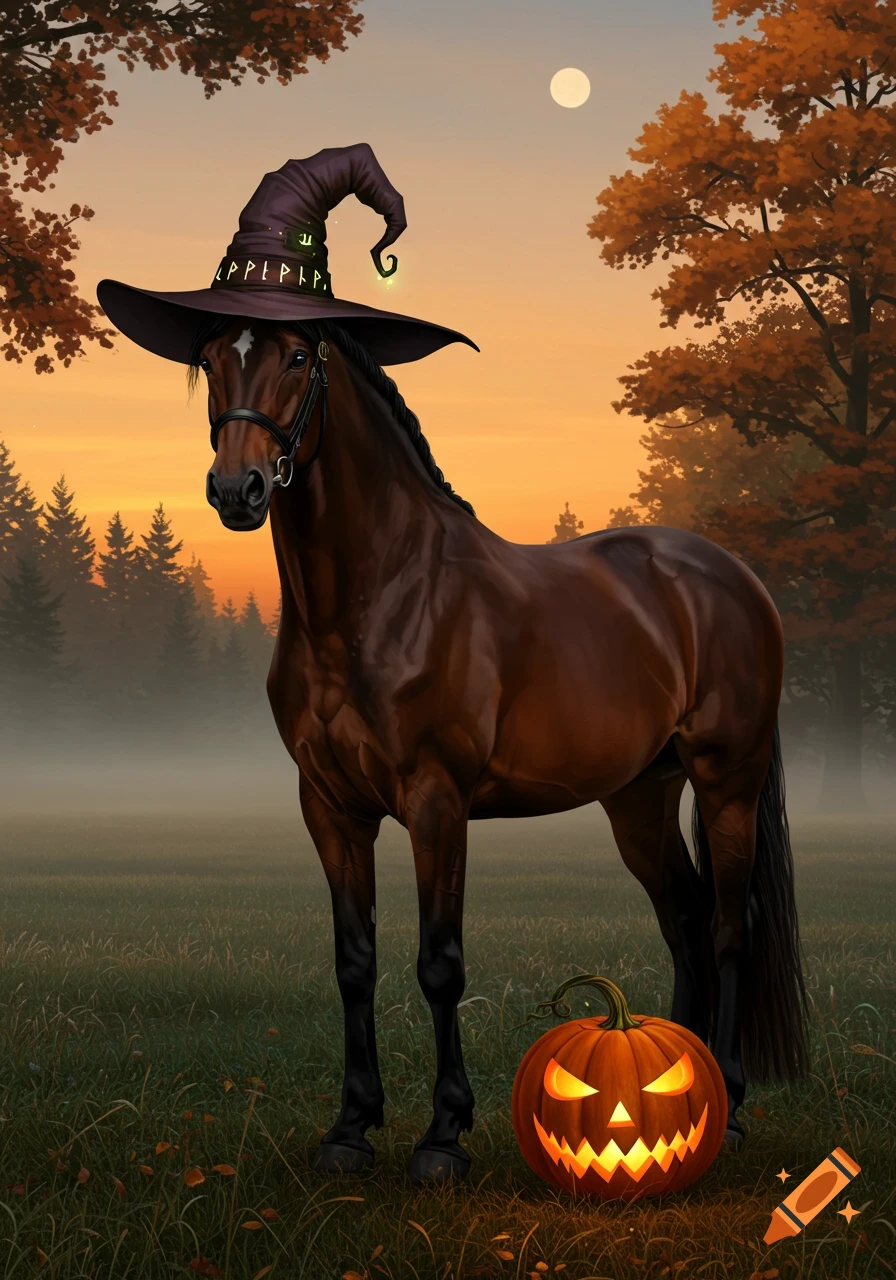 A dark brown horse wearing a witch's hat stands in a misty field at sunset next to a glowing jack-o'-lantern.