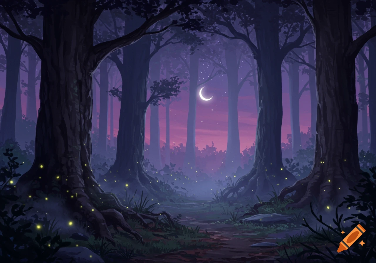A dark, enchanting forest at night with large trees, a crescent moon, and glowing fireflies along a misty path.