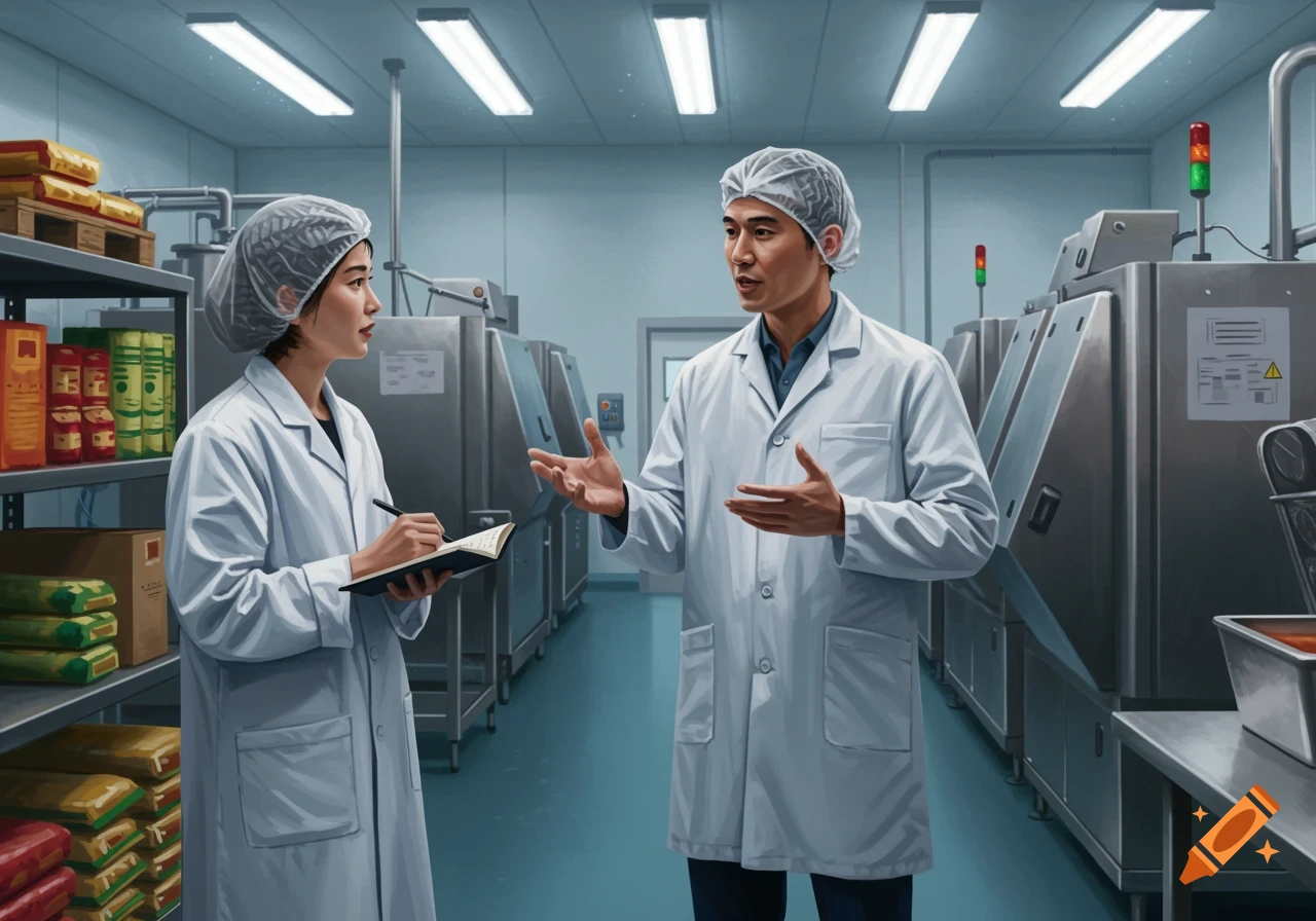 Two people in white lab coats, a man talking and a woman listening while writing, in a food manufacturing factory.