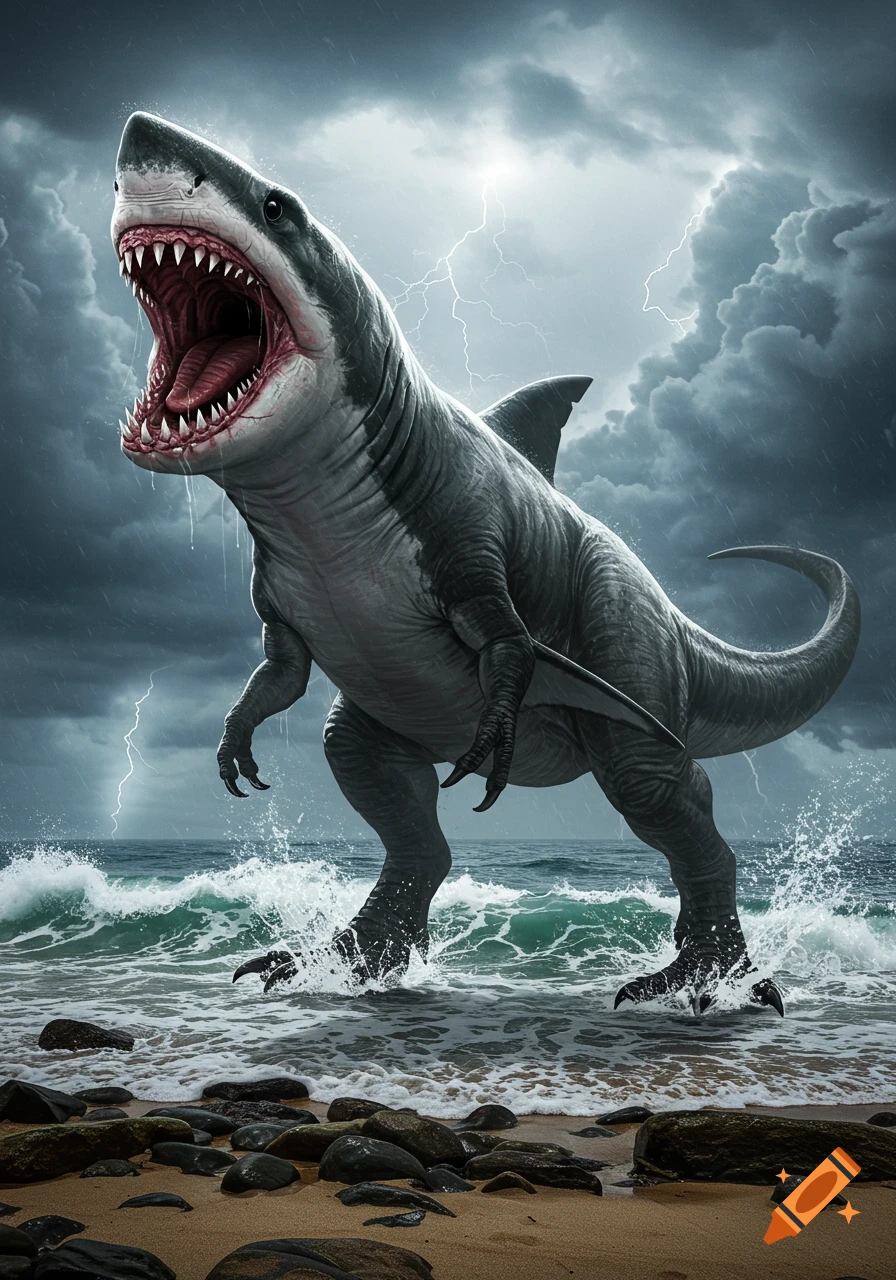 A fearsome tyrannosaurus great white shark hybrid roars in the shallow ocean water on a stormy beach with lightning.