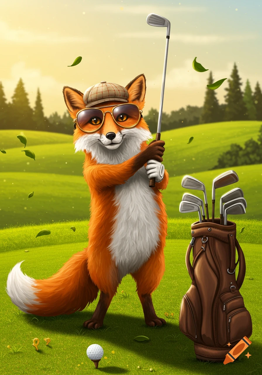 An anthropomorphic fox wearing sunglasses and a checkered hat, playing golf on a sunny green course.