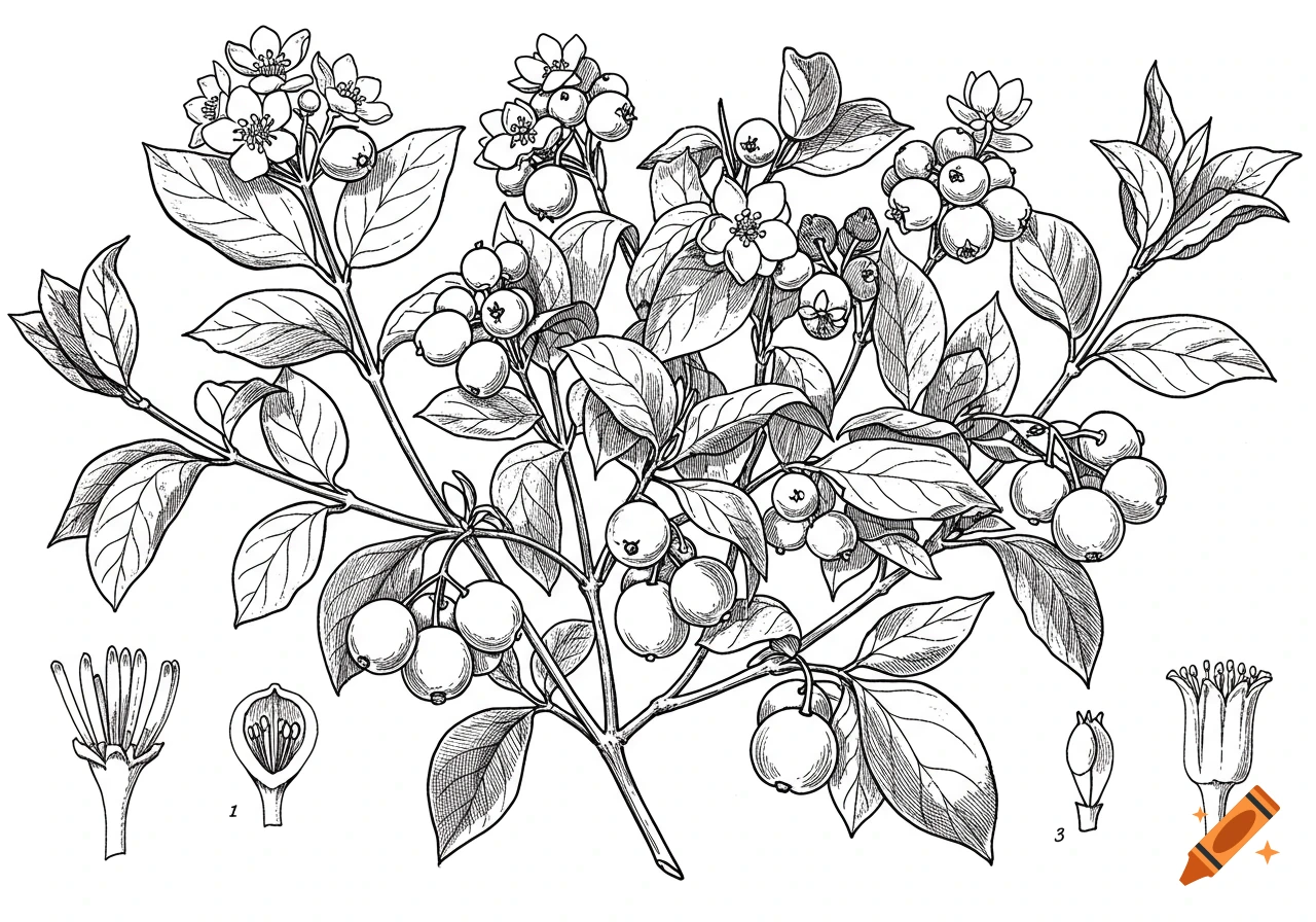 Black and white botanical line drawing of a snowberry plant with leaves, berries, and detailed flower diagrams.