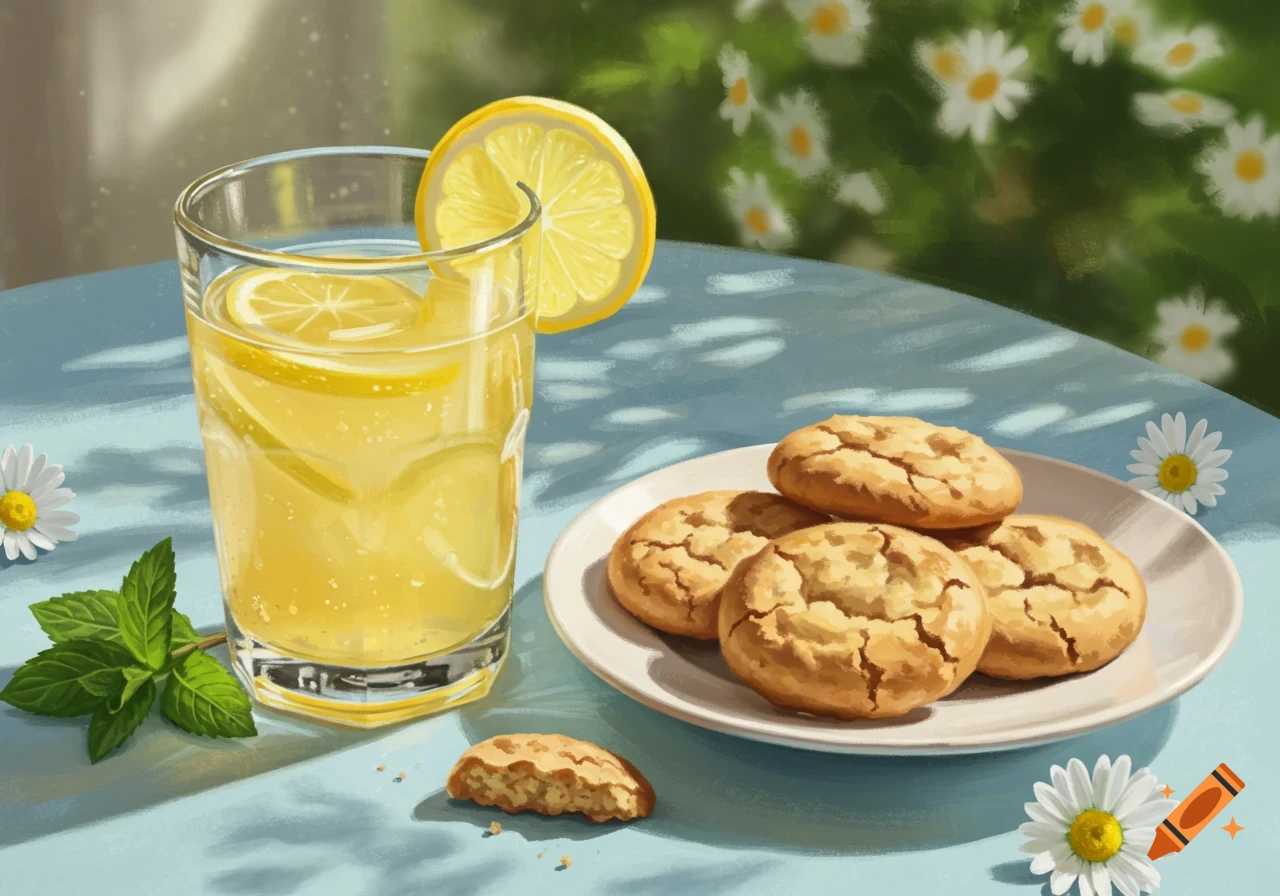 A glass of lemonade with lemon slices and a plate of cookies on a blue table, with daisies and mint in the background, in an illustrative style.