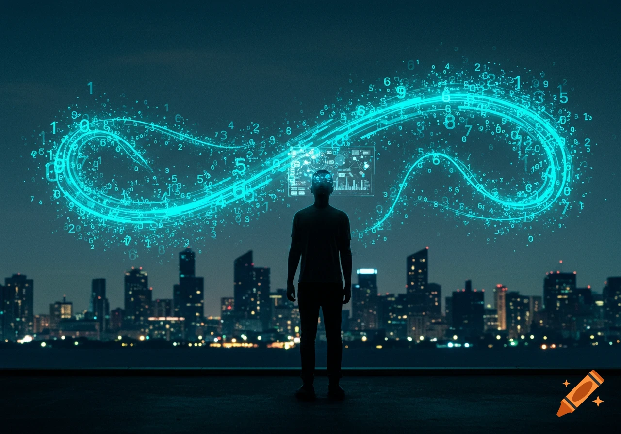 A silhouette of a person stands on a rooftop overlooking a city skyline at dusk, facing a large, glowing turquoise infinity-like symbol surrounded by scattered numbers and abstract data visualizations.