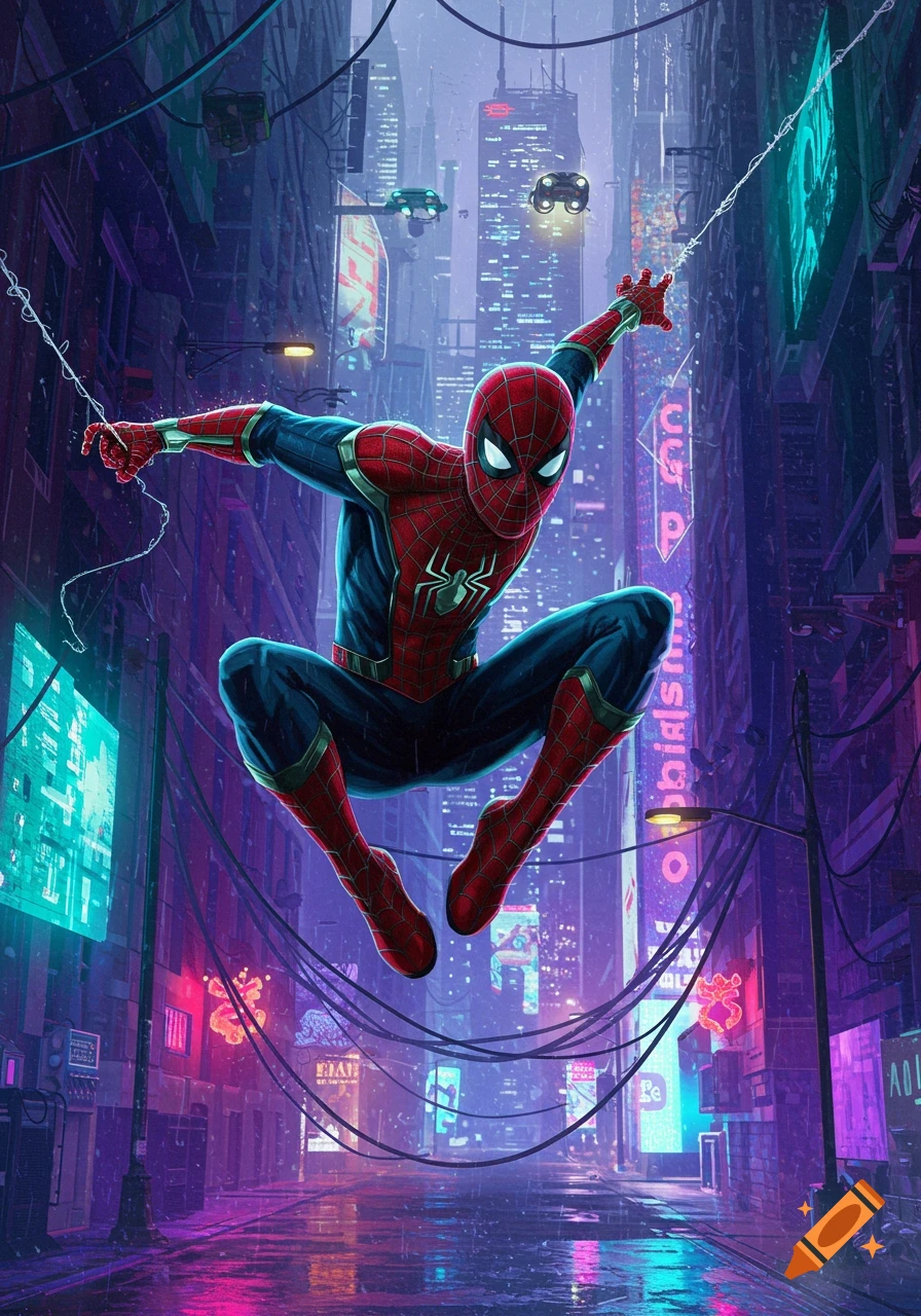 Spiderman leaps or swings through a vibrant, rainy cyberpunk city street filled with neon signs and futuristic buildings at night.