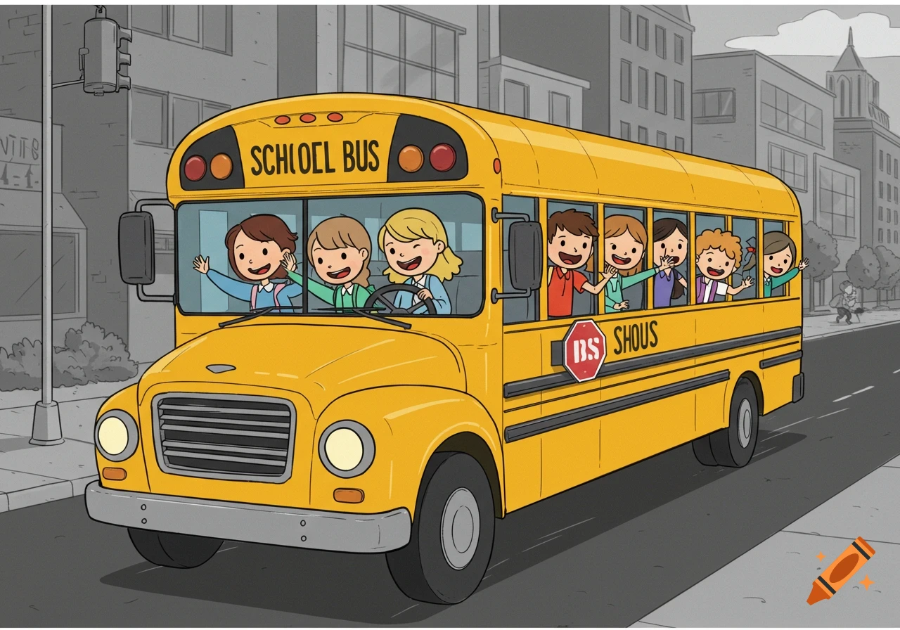 A cartoon illustration of a yellow school bus driving, with children and a driver waving from the windows. The background city is in black and white.