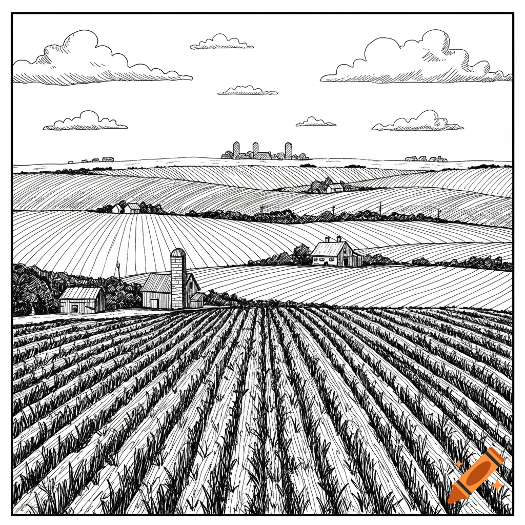 Black and white sketch of rolling Iowa farmland with fields, barns, and distant towns under a cloudy sky.