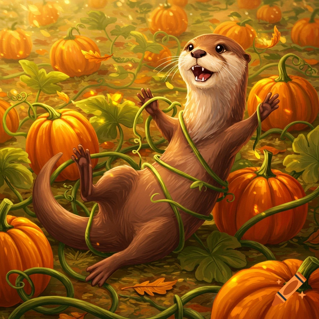 An anthropomorphic otter character tangled playfully in green vines among orange pumpkins in a sunny patch.