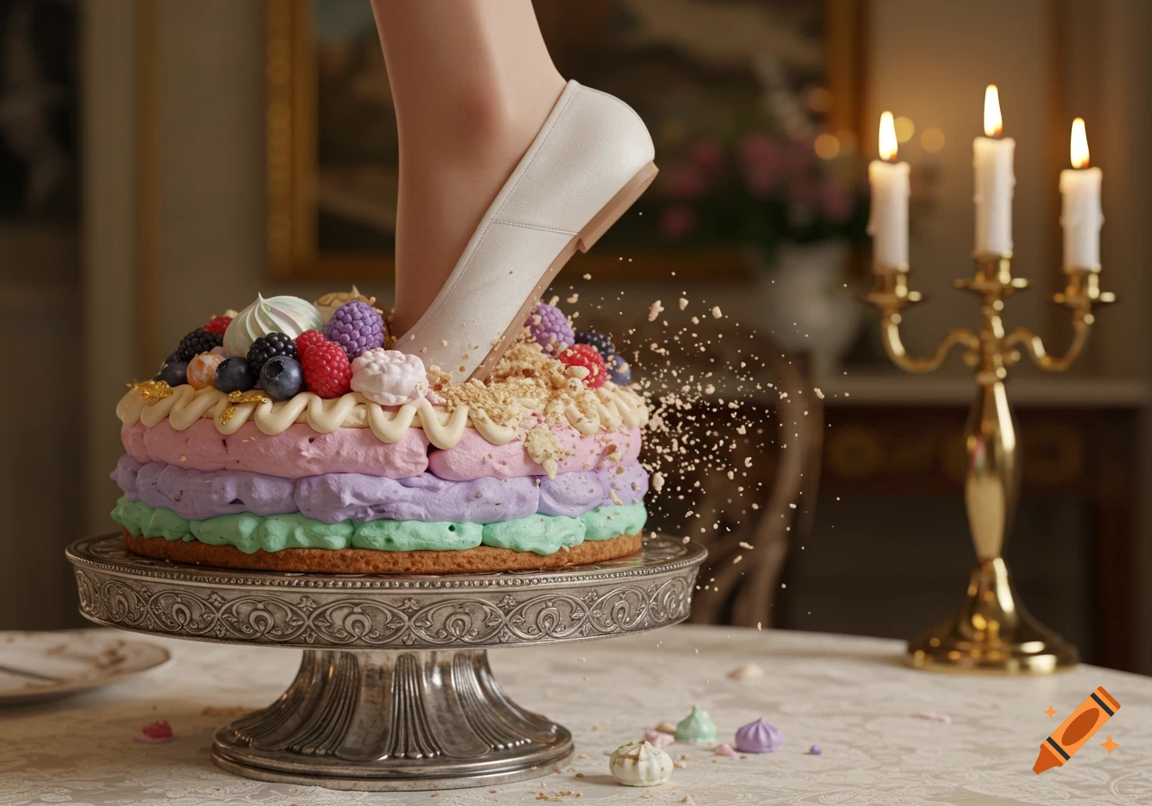 A foot in a white flat shoe steps into a colorful tiered cake on a silver stand, scattering crumbs. A candelabra is in the background.