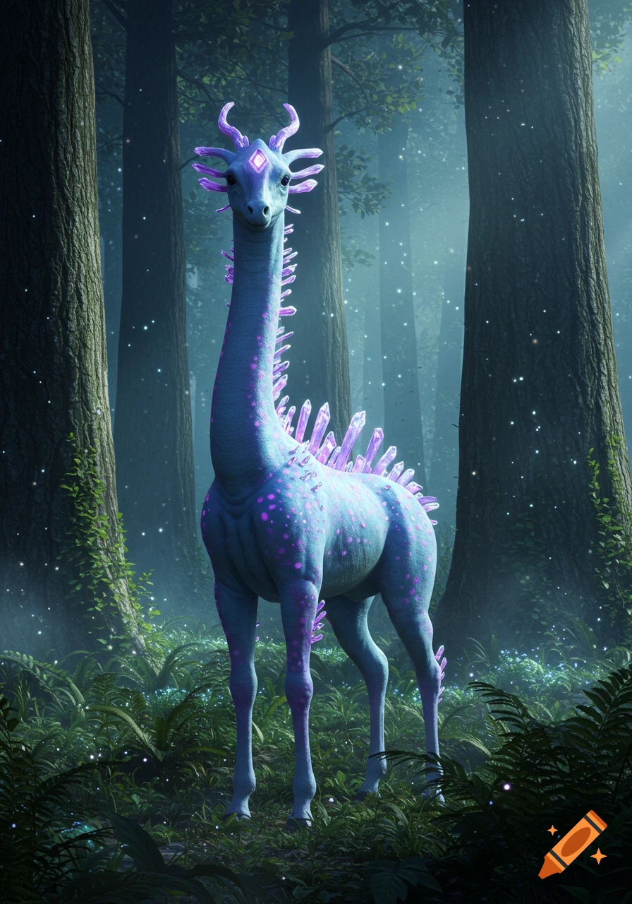 A blue and purple crystal-spined creature with a giraffe neck stands in a mystical, glowing forest.