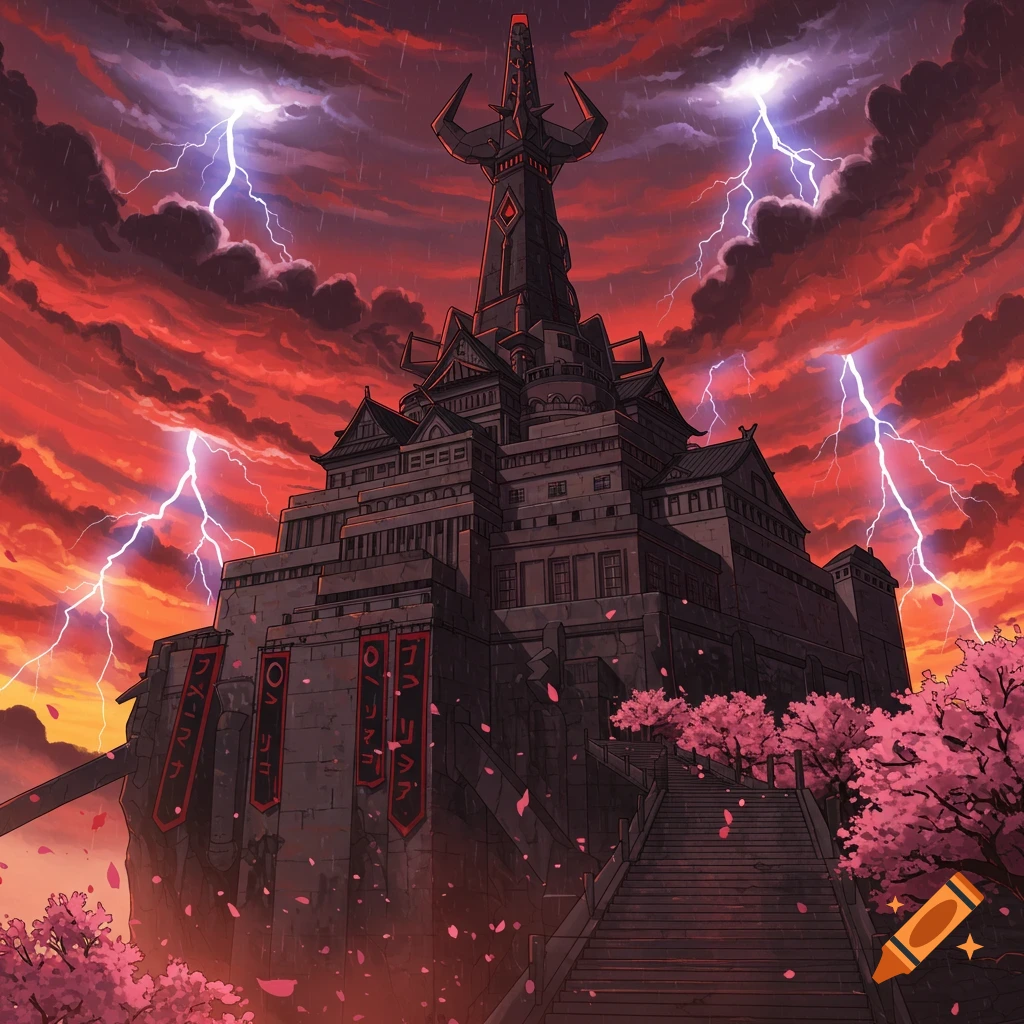 Anime-style dark castle with a horned tower under a dramatic red sky with lightning, surrounded by pink cherry blossoms and falling petals.