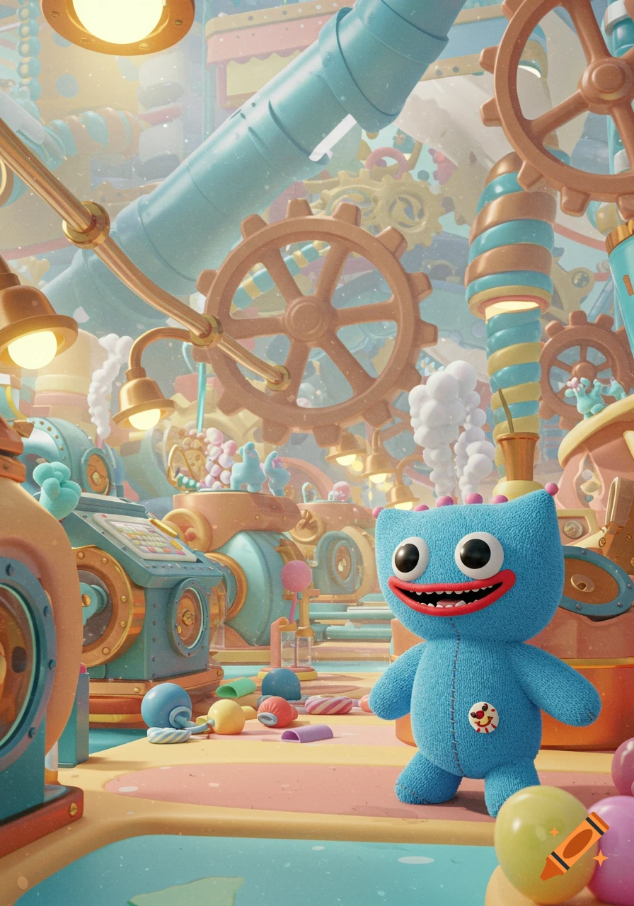 A blue, furry monster with a wide smile stands in a colorful, whimsical candy factory filled with gears and pipes.