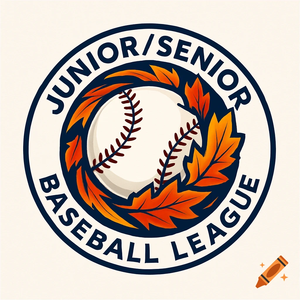 A circular baseball logo with a baseball and orange autumn leaves, featuring the text 'JUNIOR/SENIOR BASEBALL LEAGUE'.
