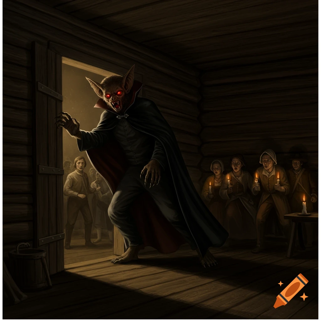 A bat-like creature with glowing red eyes and a black cloak stands in a dark log cabin doorway, scaring colonial settlers holding candles.