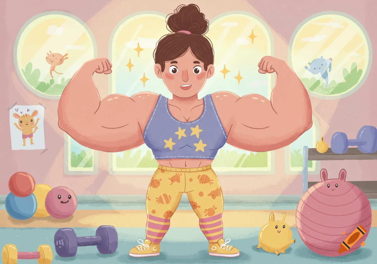 A cheerful cartoon woman with large muscles flexing at a gym, drawn in a colorful kid's book illustration style.