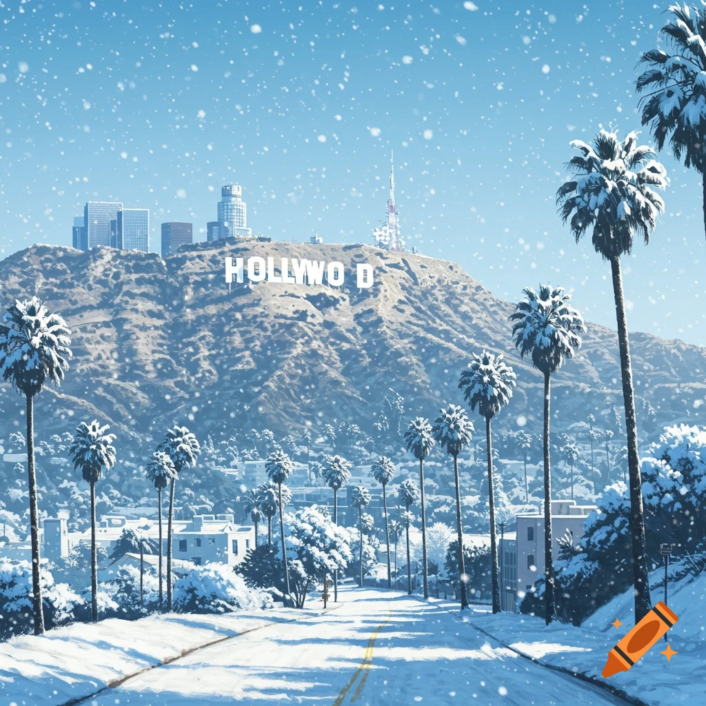 A snow-covered Hollywood sign on a hillside with palm trees lining a street in Los Angeles.