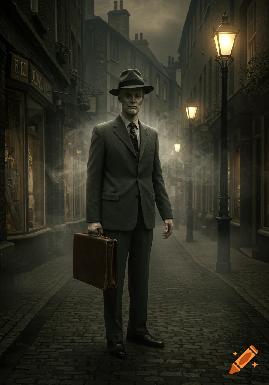 A pale, gaunt man in a 1950s suit and fedora holds a briefcase, standing on a cobblestone street in a foggy, dark urban alley at night, lit by streetlights.