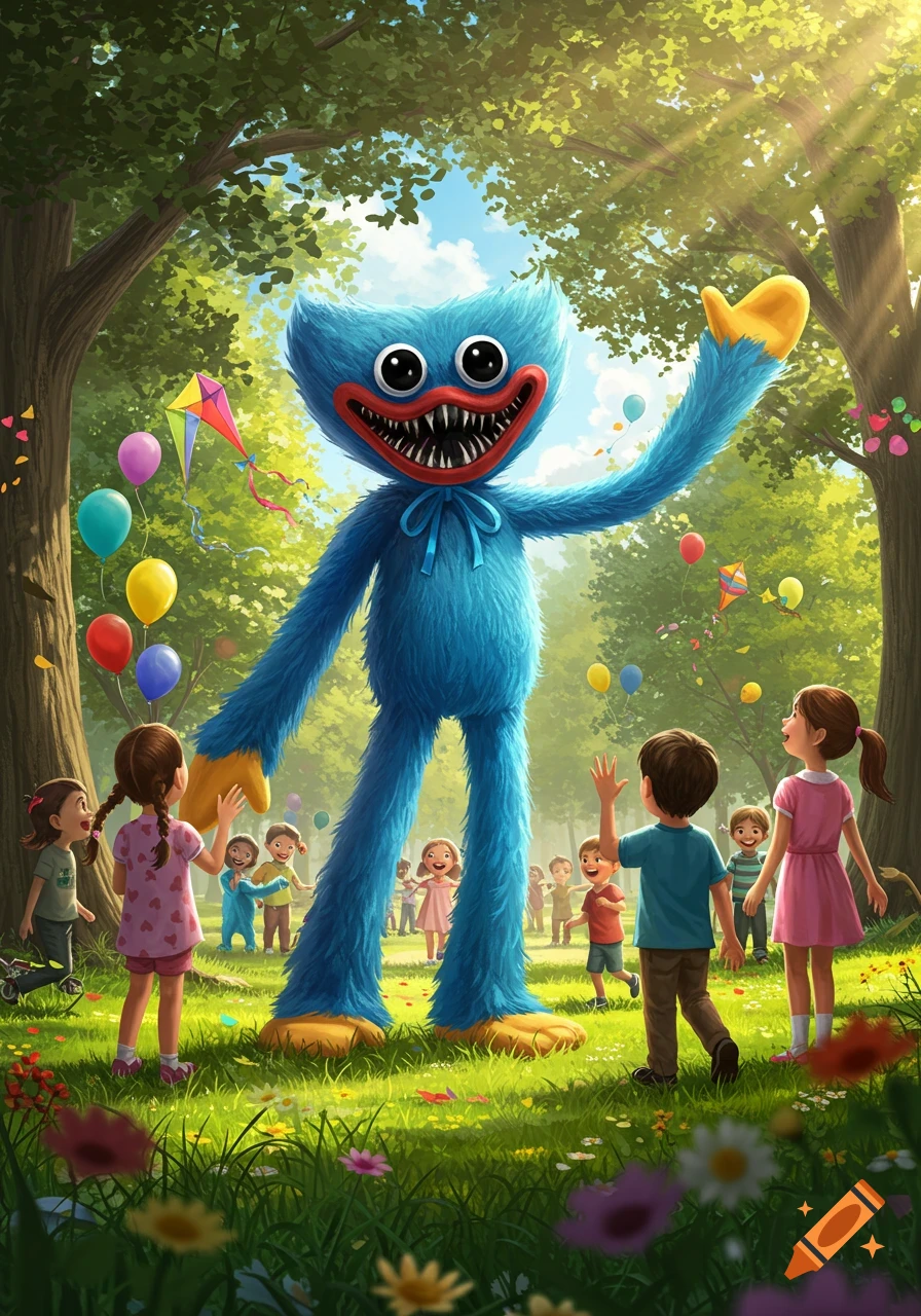 A towering blue furry monster, Huggy Wuggy, with sharp teeth and a wide smile, waves at children in a sunny park.
