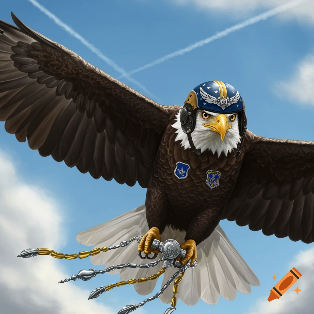A majestic bald eagle in flight, wearing an Air Force pilot helmet and regalia, carrying chains with spear-like tips. Clear blue sky with contrails.