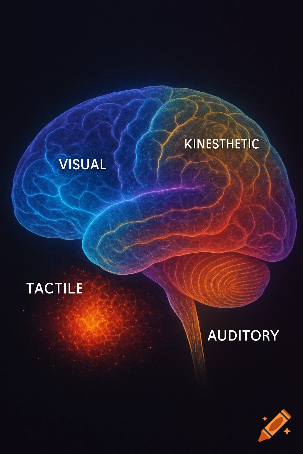 A vibrant, color-coded diagram of a brain, with regions labeled 'Visual', 'Kinesthetic', 'Tactile', and 'Auditory'.