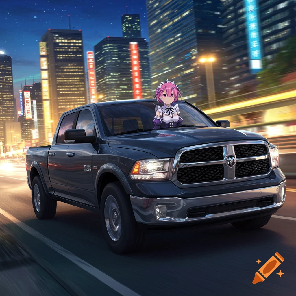 An anime character with pink hair is visible through the windshield of a dark grey Dodge Ram truck driving through a city at night.
