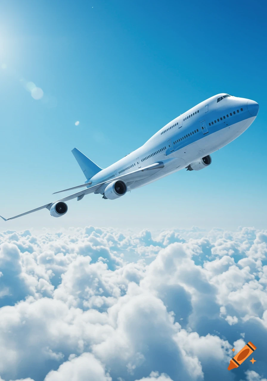 A photorealistic depiction of a Boeing 747 airplane flying high above a vast layer of white clouds under a bright blue sky.