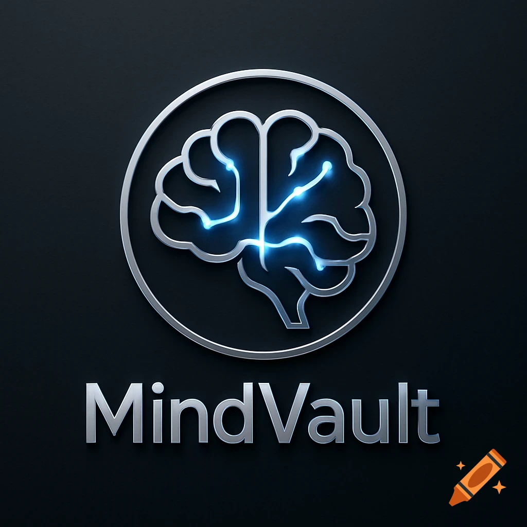 Metallic brain logo with glowing blue neural lines in a silver circle above 'MindVault' text on a dark background.