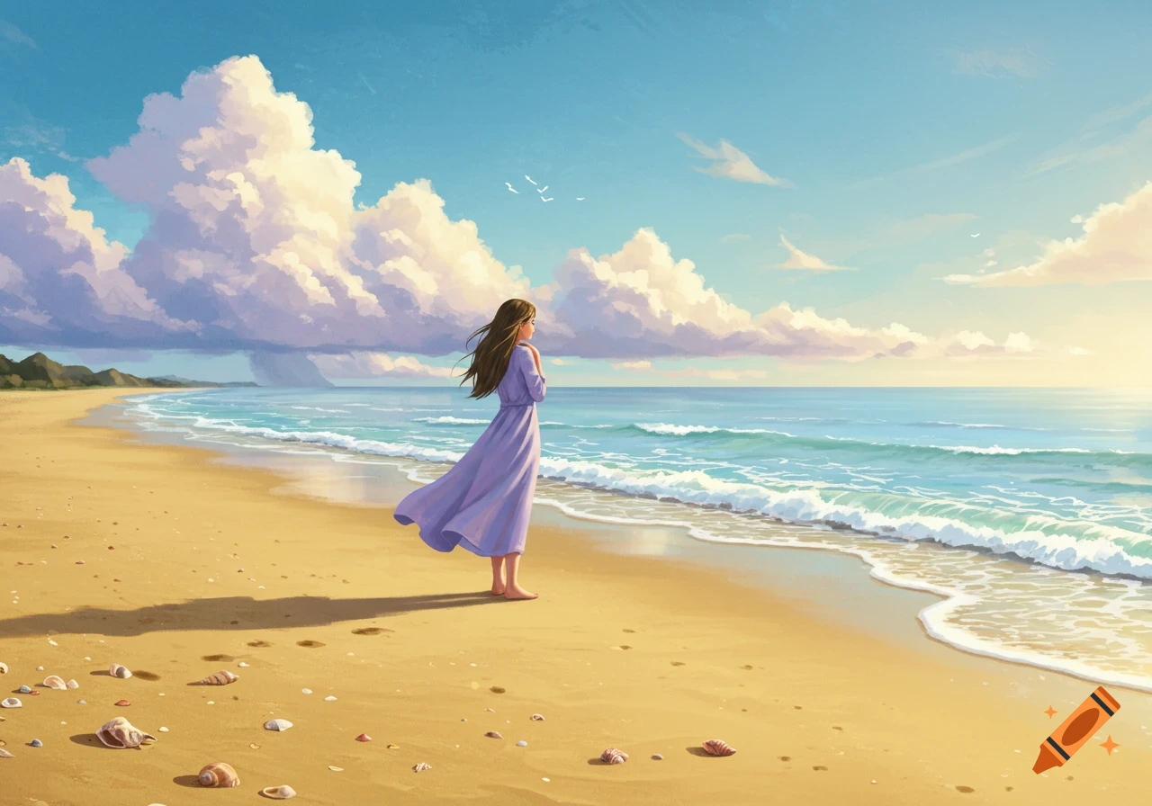 Painterly illustration of a woman in a purple dress standing barefoot on a sandy beach, looking at the ocean under a bright sky.