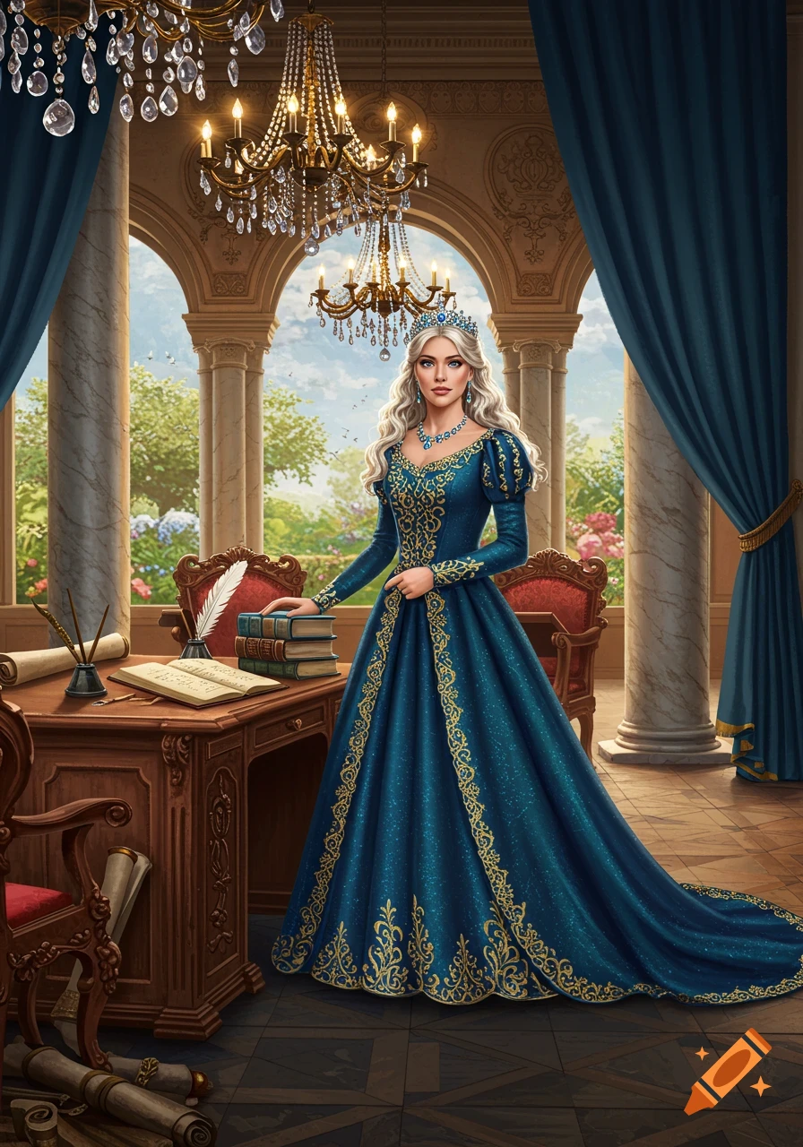 A regal woman in a blue and gold gown and crown stands by a desk in a grand room overlooking a garden.