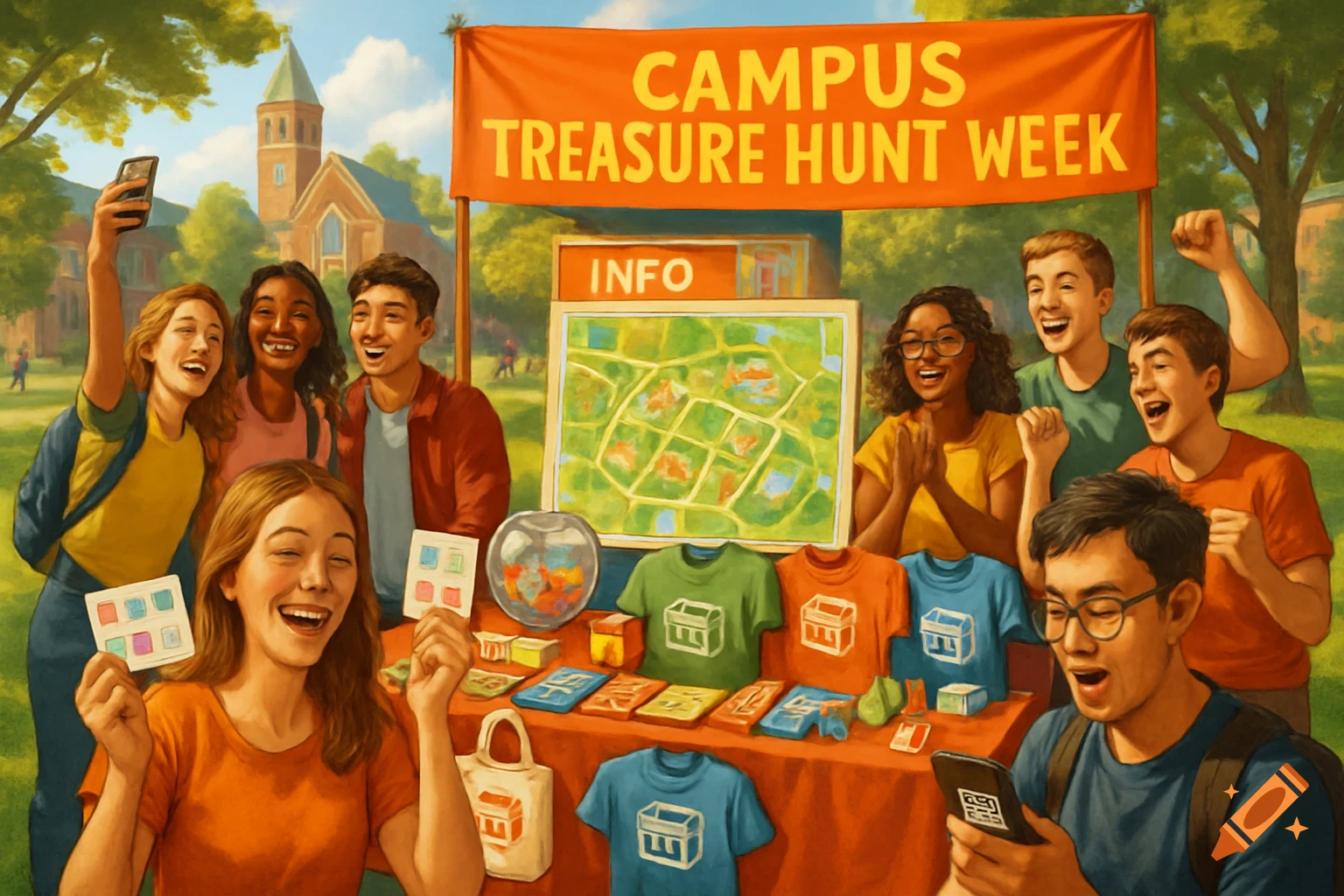 A lively illustration of diverse university students at an outdoor Campus Treasure Hunt Week event, with a banner, map, and prizes.