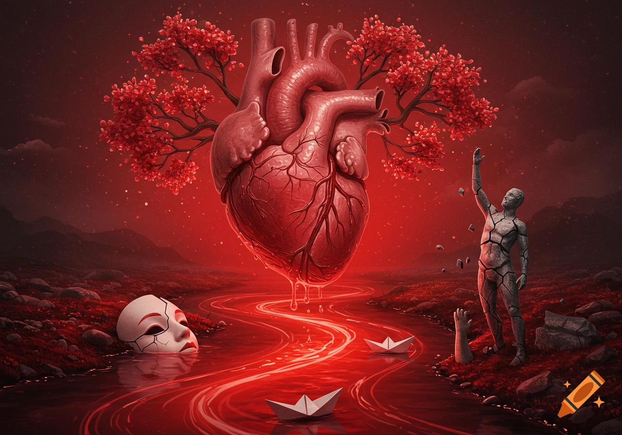 A stylized human heart with red-leafed branches floats above a glowing red river. A cracked mask, paper boats, and a breaking stone figure are in the river and on its bank, in a dark, dreamlike landscape.