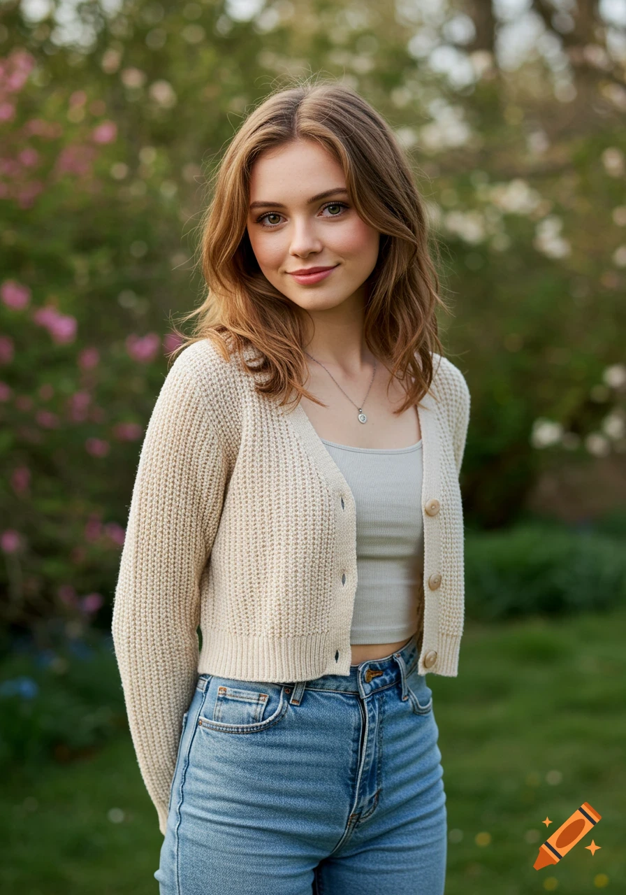 Photorealistic portrait of a young woman with wavy brown hair in a cream cardigan and jeans, standing in a blurred garden.